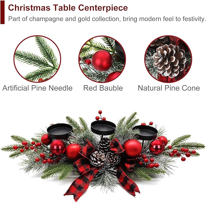 27.5-Inch Christmas Table Centerpiece with Candle Holders, Red Berries, and Pine Cones