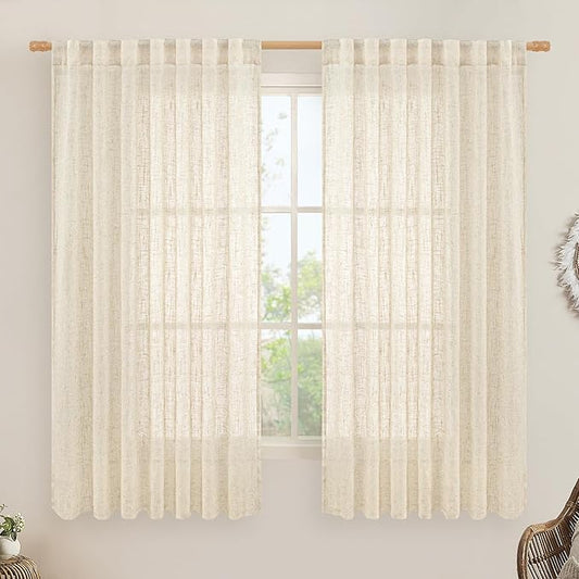 LAMIT Linen Curtains 63 Inch for Bedroom, Light Filtering Neutral Semi Sheer Window Curtains Back Tab and Rod Pocket Panels for Living Room, 2 Panels, Beige, 60 x 63 Inch
