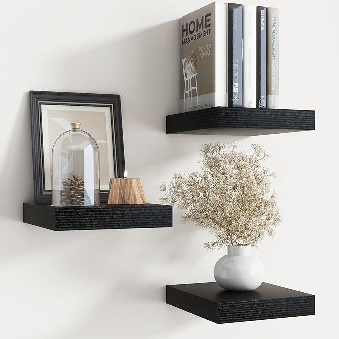 Floating Shelves for Wall with Invisible Brackets, Wall Mounted Engineered Wood Shelves with Wood Grain for Living Room, Bedroom, Bathroom, Kitchen Decor and Storage, Oak, 8"L Set of 3, Black
