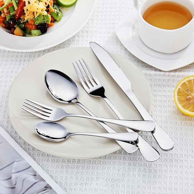 60 Piece Silverware Set, Food-Grade Stainless Steel Silverware Set for 12(Includes 12 Knives, 12 Forks, 12 Spoons, 12 Teaspoons, 12 Dessert Forks),Mirror Polished, Dishwasher Safe