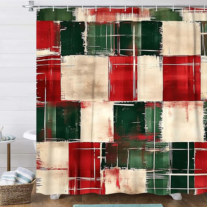 JAWO Christmas Plaid Shower Curtain, Red Green Abstract Christmas Plaid Shower Curtain for Bathroom, Waterproof Polyester Fabric Bathroom Curtains with Hooks for Xmas Holiday,72X84