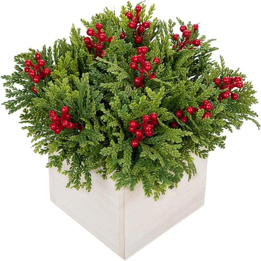 DILATATA Christmas Centerpieces 8 Inch Artificial Christmas Plant in Square Wooden Pot Tabletop Pine Plants with Red Berries Cedar Leaves for Winter Holiday Party Fireplace Mantel Xmas Decor