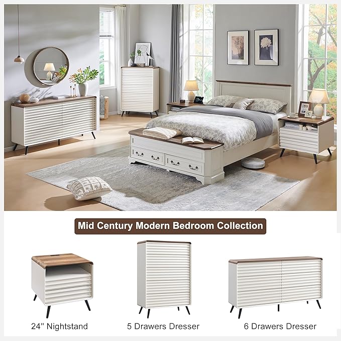 RedLemon 24" Nightstand with Charger Station, Mid Century Modern Fluted End Table with 2 Drawers, Wooden Side Table with Open Cubby Storage for Living Room, Bedroom, Office (Antuique White)