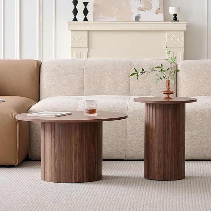 Round Nesting Coffee Tables Set of 2 -φ27.6 Large Short + φ15.8 Small Tall Boho Circle Side Tables with Fluted Drum Design, Brown