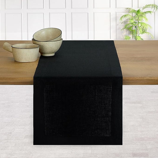 D'Moksha Homes Linen Black Table Runner 84 Inches Long - 100% Pure Linen 14 x 84 Inch Table Runner for Dining, Fall, Autumn and Halloween - Machine Washable