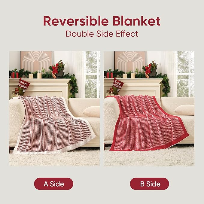 Snuggle Sac Christmas Soft Throw Blanket for Couch, Fuzzy Microfiber Knit Stripe Blankets for Couch, Sofa, Travel, Red Cream, 50x60 inches