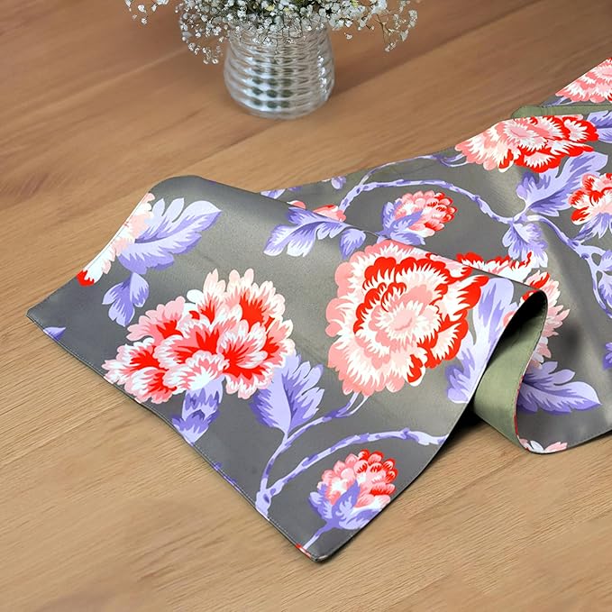 Decozen Table Runner - Japanese Print Floral Design Perfect for Winter Christmas Kitchen Dining Room Home Decor Console Table Farmhouse - Gray