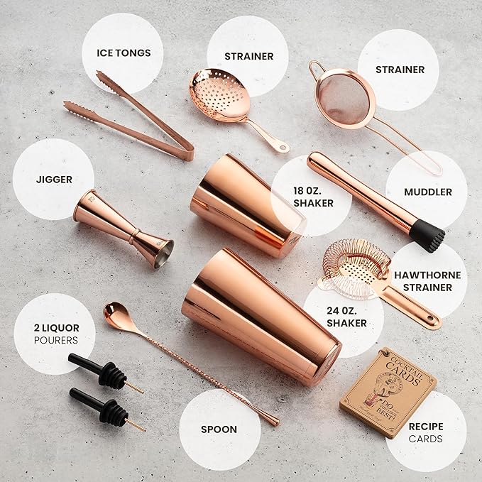Mixology & Craft Cocktail Shaker Set - 11-Piece Bar Accessories Kit w/Weighted Boston Shaker, Strainer, Jigger, Muddler and More - Home Bartending Tools, Accessories for Bartender, Copper
