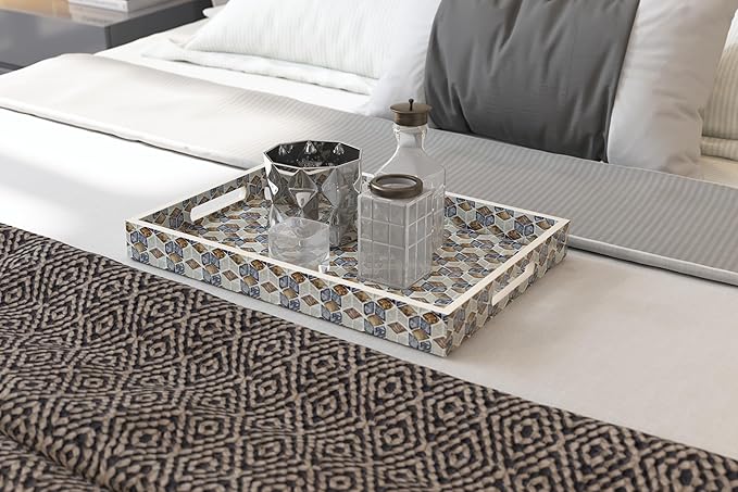 PEMAR Rectangular Mother of Pearl Serving Tray Coffee Table Ottoman Tray w Insert Handles, Luxury Decorative Handmade Eating Tray (Geometric Cube Pattern)