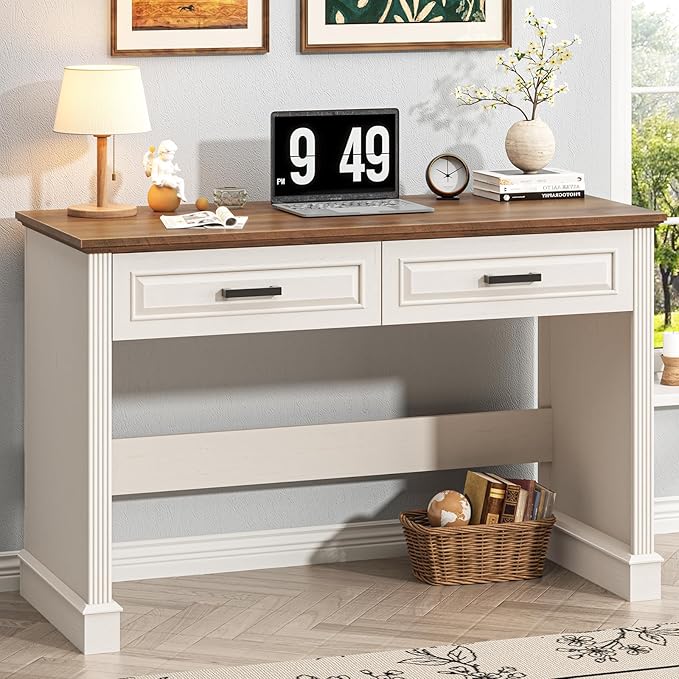 Farmhouse Executive Desk, 48 Inch Computer Desk with 2 Drawers, Simple Home Office Writing Desk Workstation for Bedroom Study Small Spaces, White and Brown