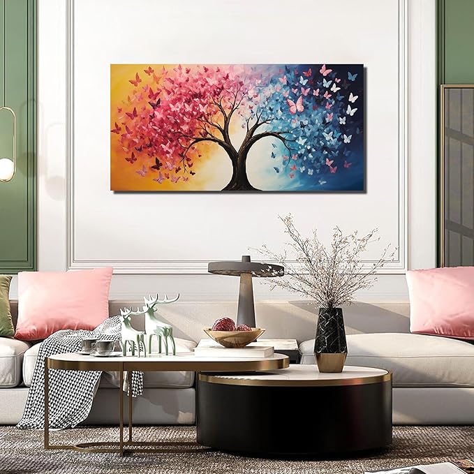 GUGIKA Tree Canvas Wall Art for Living Room, Pink Gold and Blue Butterflies Wall-Decor for Bedroom, Natural Pictures for Hallway Office, Size 48x24 Inches