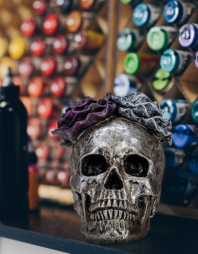 WENYLE Halloween Skull Statues Home Decor Day of Dead Purple Grey Rose Silver Skull Resin Figurine Flower Skull Decor 7.25" L