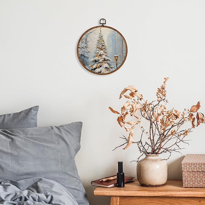 KSDUT Vintage Christmas Wall Decor Art - Retro Snow Christmas Tree Wall Art Canvas Frame Hanging Prints, Merry Xmas Holiday Round Wall Art Decor for Home Farmhouse Decorations 10"x10"