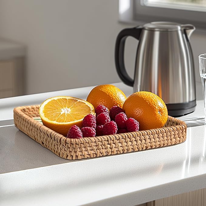 Set of 3 Rectangle Rattan Serving Trays with Mother of Pearl Inlay – Hand-Woven Wicker Trays for Coffee Table, Bathroom, Kitchen Counter or Entryway, Boho Coastal Decor, Tropical Fish Design