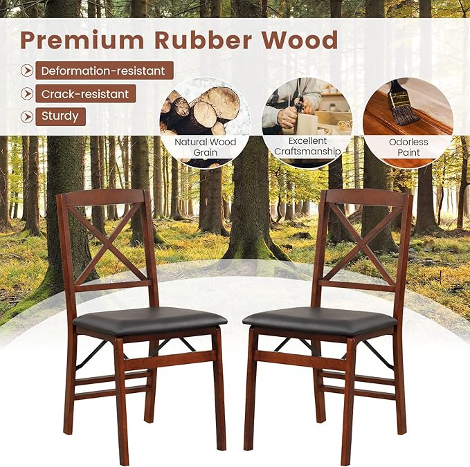 COSTWAY Folding Dining Chairs Set of 4, Upholstered Wooden Dining Room Chairs with X-Shaped Back, 400LBS Capacity and Solid Wood Frame for Kitchen Apartment (Brown & Black)