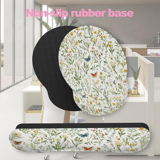Wildflowers Butterfly Mouse Pad with Wrist Rest and Keyboard Wrist Rest Set, Vintage Garden Plants Herb Flower Non-Slip Rubber Base Memory Foam Mouse Pad Set for Women, Office Desk Accessories, Gaming