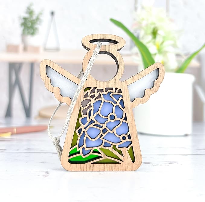 Blue Hydrangea Home Decor - 3.5" (H) Small Wooden Angel Figurines - 3.5" Christmas Ornaments Memorial Mom