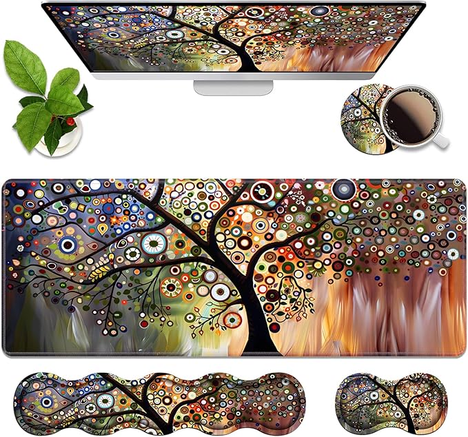 4 in 1 Ergonomic Memory Foam Mouse Pad Wrist Rest Set, Large XXL Gaming Desk Pad + Keyboard Wrist Rest + Mouse Wrist Cushion + Coaster for Home Office Study Gaming, Tree of Life