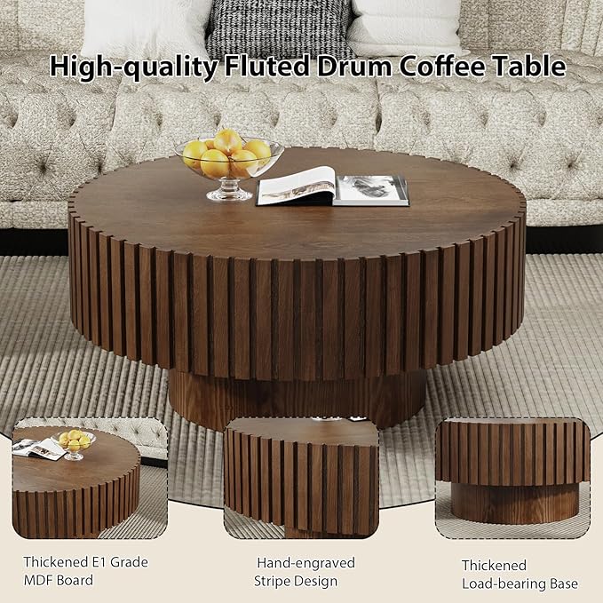Round Fluted Coffee Table Mid Century Modern Coffee Tables with Handcrafted Relief Circle Drum End Table Rustic Industrial Center Tables for Apartment Living Room (Brown Round)