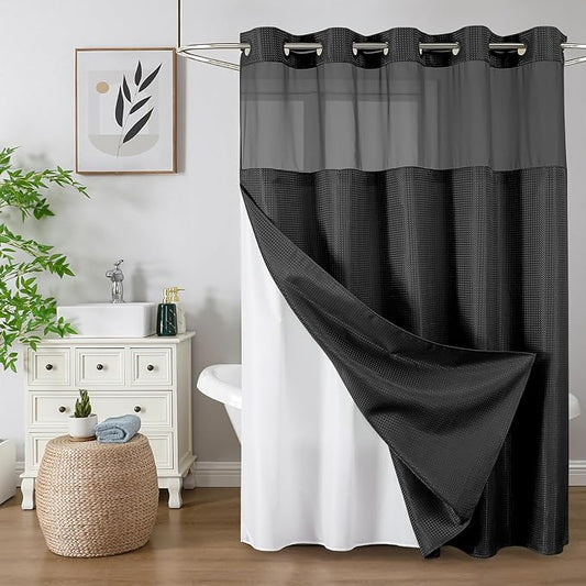 Colorful Star No Hook Shower Curtain with Snap in Fabric Liner, Waffle Weave Heavy Duty Thick Shower Curtains with Mesh Top Window, Hotel Style Waterproof Bathroom Curtain Set, 72 x 81 Inch, Black