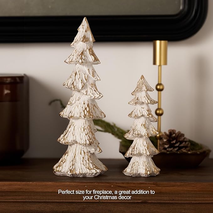 Vintage Christmas Tree Figurines White with Gold, 9.64" Tabletop Xmas Tree Ornaments Christmas Centerpieces for Mantle Desk Decor, Decorative Trees Set of 2 for Modern Farmhouse Indoor Decor
