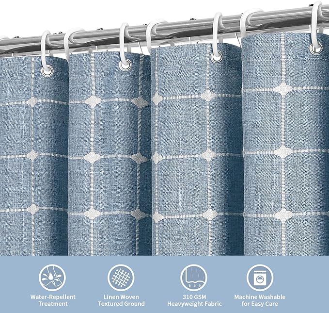 MitoVilla Blue Boho Shower Curtains for Modern Farmhouse Bathroom Decor, Vintage Country Thick Polyester Linen Fabric Shower Curtain, Rustic Tassel Cloth Shower Curtain, 72 x 72