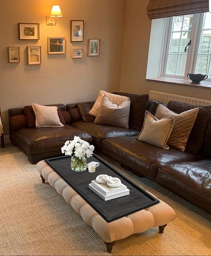 40"x20" Extra Large Long Rectangle Ottoman Table Tray - Black Rustic Wooden Serving Tray for Farmhouse Decorative Oversized Coffee Table Trays Living Room Kitchen Counter Breakfast