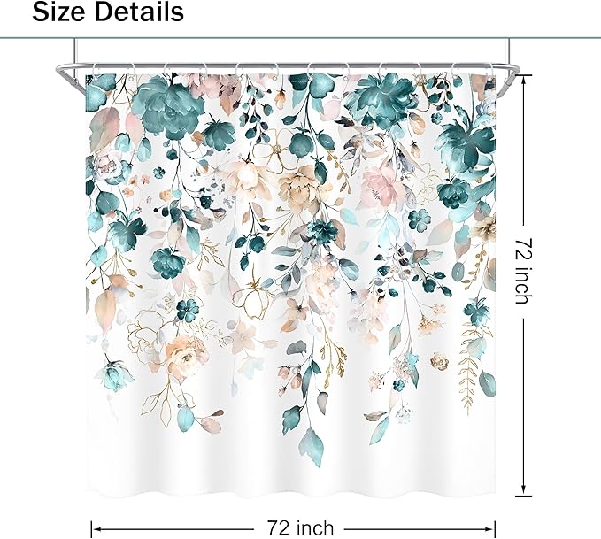Floral Flower Shower Curtain 72Wx72L Inch Teal Green Eucalyptus Leaf Rustic Watercolor Pastel Bathroom Set Country Plant Botanical Pretty Bath Curtain Bathtub Accessories Home Decor