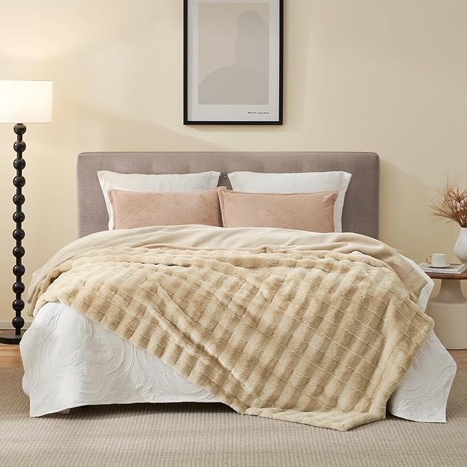 Cozy Bliss Fluffy Faux Fur Blanket Queen Size for Bed, Fuzzy Soft Striped Plush Blanket, Thick Throw for Bedroom Couch Gift, 90x90 Inches Beige