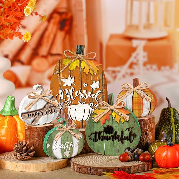 5 Pcs Fall Rustic Pumpkin Decor for Home Thanksgiving Wooden Table Centerpiece Decorations Fall Wooden Pumpkin Signs for Autumn Farmhouse Living Room Kitchen Mantle Tabletop Supplies