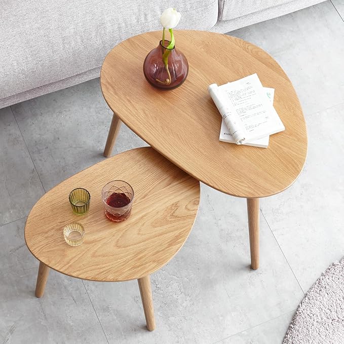100% Solid Oak Wood Nesting Coffee Table, Small Oval Coffee Tables Set, Mid Century Modern Round Tables for Living Room, Pebble Side Table for Balcony (Nature, Combine)