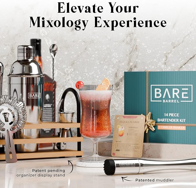 BARE BARREL® Mixology Bartender Kit Bar Set | 14-Piece Cocktail Shaker Set | Martini Barware Mixing Tools for Home Bartending | 35 Recipe Cards | Gift Set (24oz Cobbler Shaker, Silver/Natural)