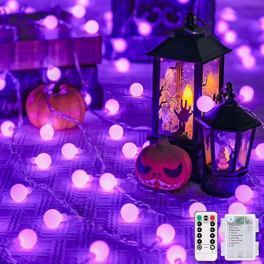 JMEXSUSS Purple Halloween Lights, 33ft with 8 Modes Remote, 100 LED Globe String Lights Outdoor Battery Operated for Halloween Bedroom Party Christmas Decor