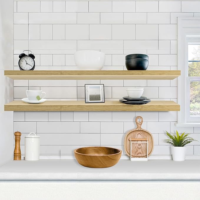 Sorbus Floating Shelves for Wall - 55 Inch Extra-Long Bathroom Shelves, Wall Decor for Bedroom, Kitchen, Living Room, Book Storage - Mounted Floating Shelf with Hidden Brackets (Maple Wood, 2 Pack)