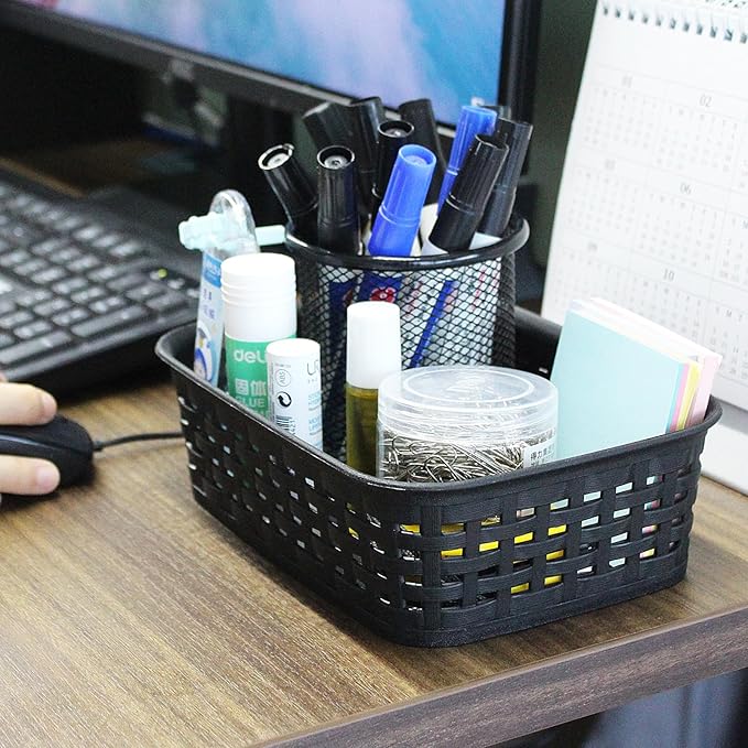 Soddeph Plastic Storage Baskets for Cabinets, Household Pantry Organization with Handle,Organizer Bins for Room,Bathrooms,Under-Sink,Kitchen (Black, XS-3PACK)