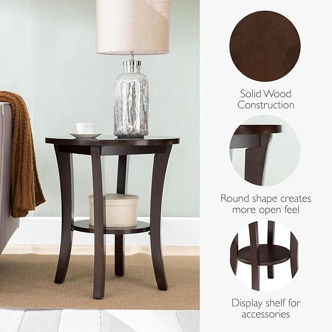 Leick Home Boa End Table, Solid Wood, 22 in. Round, Bottom Display Shelf, Easy-Assembly, For Living Room/Bedroom, Chocolate Oak, 22 in Diameter x 24 in H, 10302