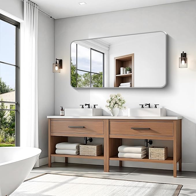 KOCUUY Silver Bathroom Mirror, 30 x 55 inch Metal Frame Mirror with Rounded Corner, Rectangle Design of Upgraded Shatterproof Glass for Bathroom, Bedroom, Living Room, Entryway
