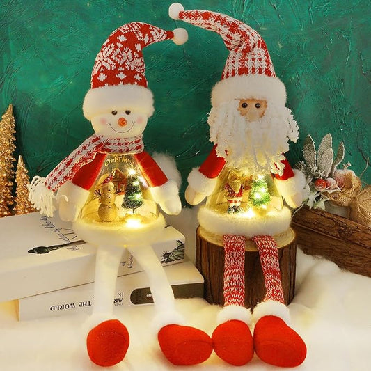 Juegoal 2 Pack Lighted Christmas Santa & Snowman with Dangling Legs, 24" Handmade Plush Figurines with Miniature Xmas Scenes in Belly, Battery Operated Tabletop Dinner Party Ornaments