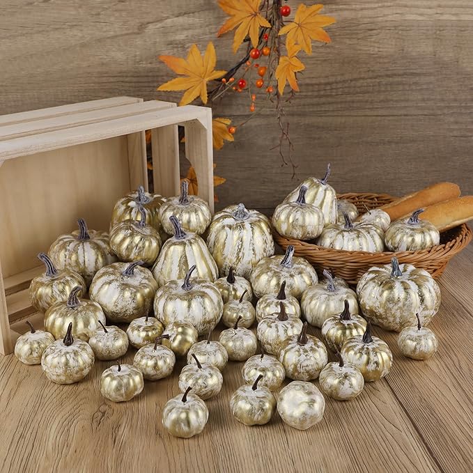 winemana 46 Pcs Assorted Size Artificial Pumpkins Fall Decorations, Gold Foam Pumpkin Autumn Decor, Decorative Faux Pumpkin for Halloween Thanksgiving Table Centerpiece Mantle Bowl Wedding Party