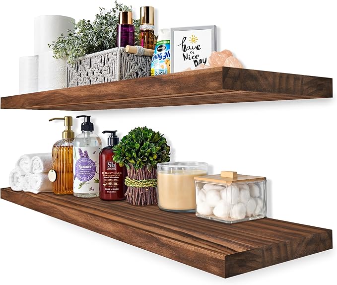 Sorbus Wood Floating Shelves for Wall - 35” Solid Wood Wall Shelves for Bathroom Decor, Books, Bedroom & Living Room - Set of 2 Walnut Wall Mounted Kitchen Shelves - Durable Solid Pine