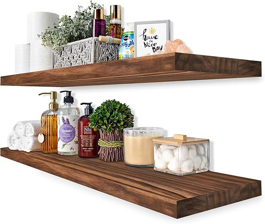 Sorbus Wood Floating Shelves for Wall - 35” Solid Wood Wall Shelves for Bathroom Decor, Books, Bedroom & Living Room - Set of 2 Walnut Wall Mounted Kitchen Shelves - Durable Solid Pine