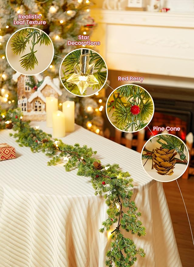 Brightown Christmas Garland with Lights, Battery Operated, 6 Ft 20 LED Lighted Pine Leaves Garland Decorated with Pine Cones, Berry, Indoor & Outdoor Christmas Lights for Mantle Stairs Wall, 2 Pack