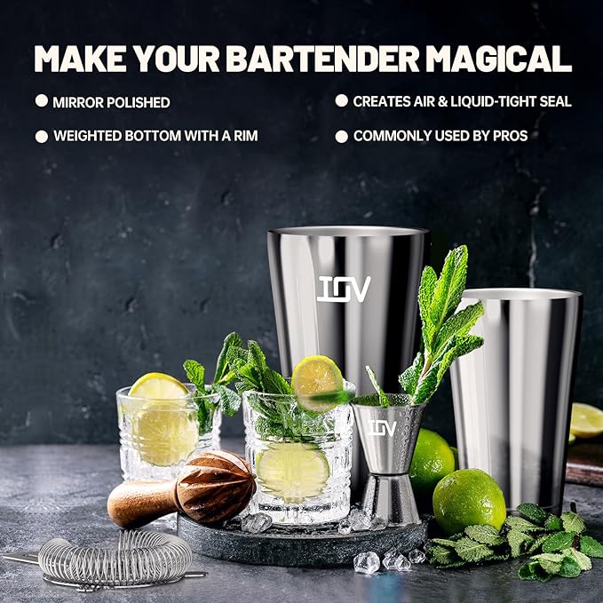 IOV Boston Cocktail Shaker Bar Set, Bartender Kit Drink Mixer Set with 18 oz & 28 oz Boston Shakers, Hawthorne Strainer, Double Jigger, Bar Tool Kit and Recipe Booklet - Silver