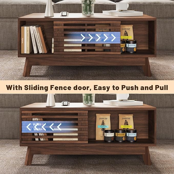 HAIOOU Lift Top Coffee Table, Mid Century Modern Coffee Table with Storage for Living Room, Walnut Coffee Tables with Sliding Fence Door, 35.4'' Rectangular Fluted Center Table (Brown)