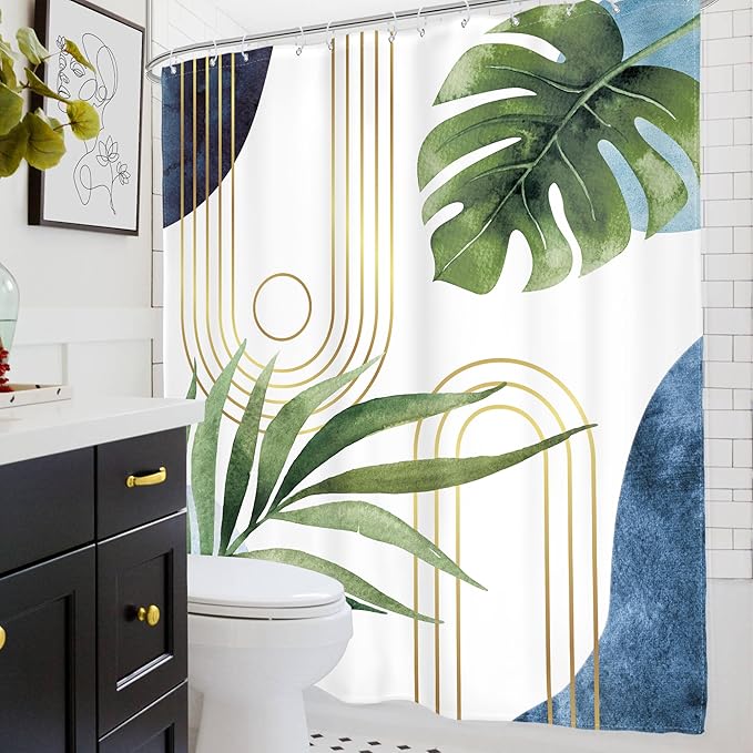 Glawry Boho Blue Green Shower Curtain Mid Century Abstract Tropical Palm Leaf Modern Minimalist Plant Botanical Bathroom Geometric 72Wx72L Inches Bath Accessories Art Home Decor Fabric 12 Pack Hooks