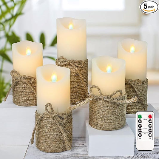 Crystal Club Flameless Candles Flickering with Timer, Set of 5 Battery Pillar Candles with Hemp Rope, Realistic Wax Candle Lights for Summer Party Home Table Décor