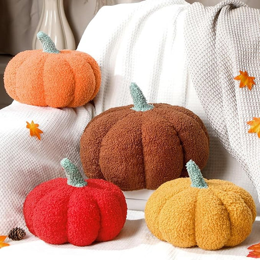 Kajaia 4 Pcs Fall Decor Pumpkin Throw Pillow Fall Pillow 11 Inches 7 Inches 3D Cushion Thanksgiving Sherpa Plush Fluffy Stuffed for Autumn Halloween Christmas Home Sofa(Brown,Orange,Red,Yellow)