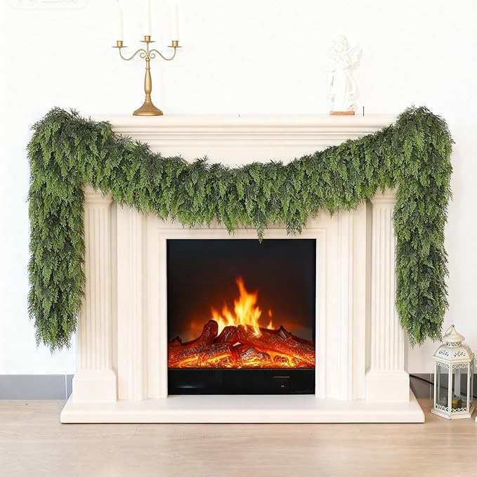 16FT Real Touch Cedar Garland for Fireplace - Artificial Christmas Garlands Realistic Faux Greenery Fake Pine Needles Garland for Holiday,Table, Window,Mantel,Stairs, Home,Indoor Outdoor Decor (1PCS)