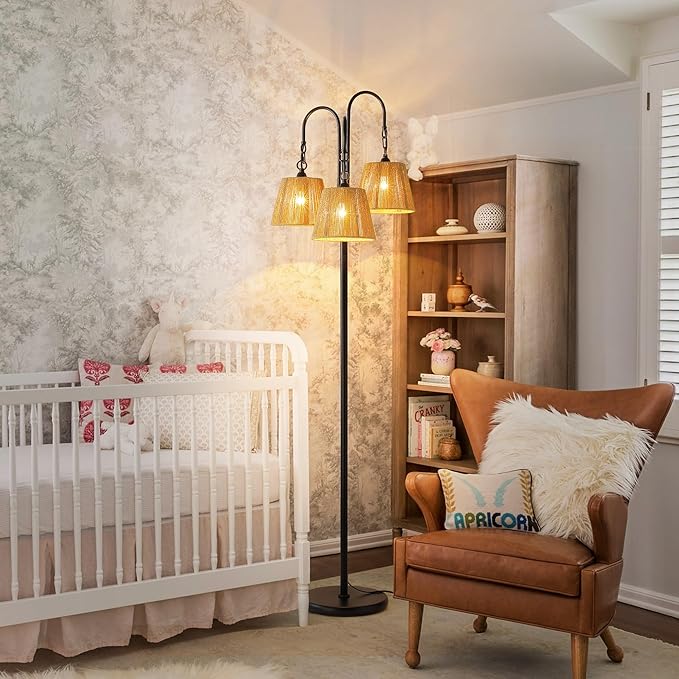 Rattan Floor Lamp, 68in. Boho Floor Lamps with Natural Shade, 3-Light Tree Lamp for Coastal, Beach or Bohemian Style Decor, E26 Socket, On/Off Footswitch Lamp for Living room, Bedroom (Bohemian-Black)