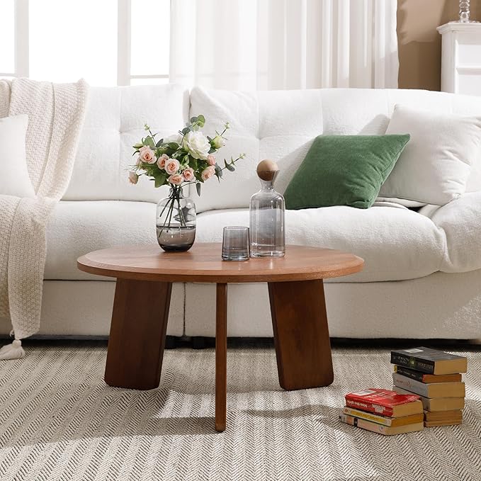 Mid Century Modern Coffee Table Wood Living Room Table Cute Round Coffee Table Center Table Side Table for Living Room Office Reception Room, Walnut